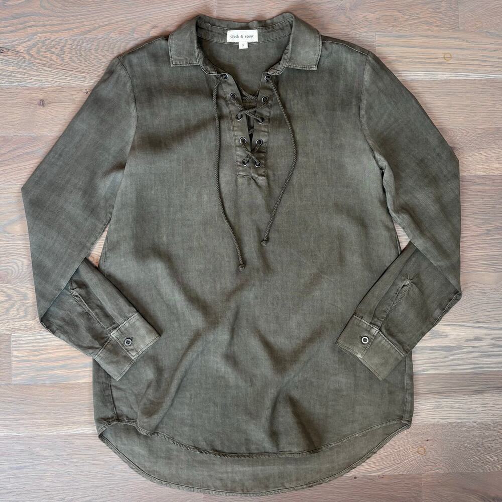 Evereve Cloth & Stone Lace Up Top Tencel Blouse Olive Green Womens Size Small - Picture 7 of 10